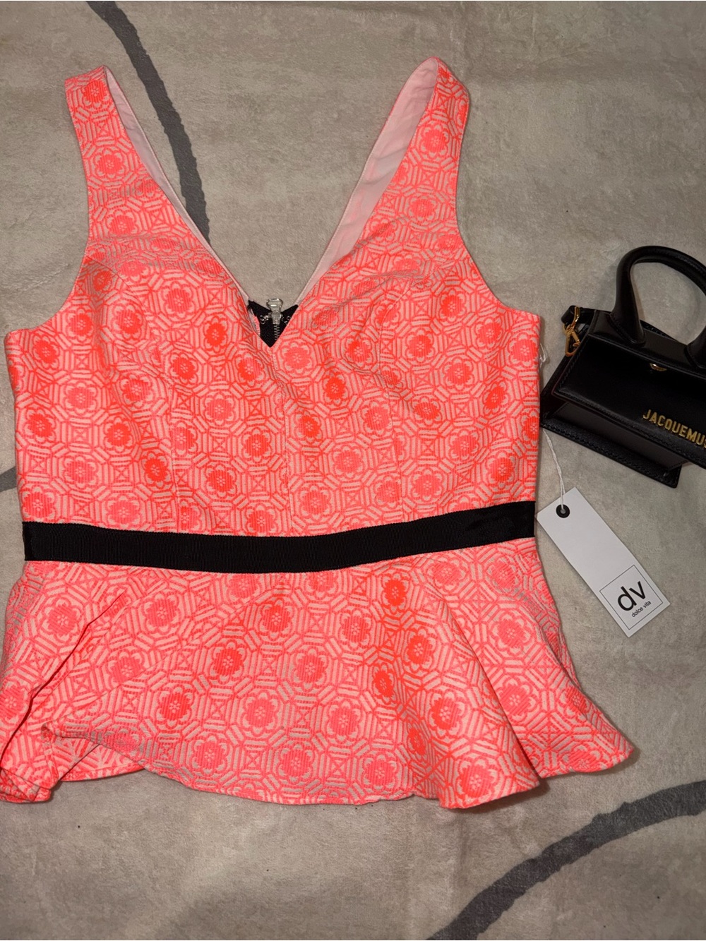 Dolce Vita Coral Pink Floral Peplum Camisole with Black Waistband